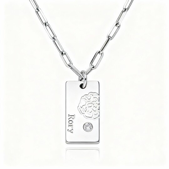 Collar con colgante de flor de nacimiento y piedra natal personalizada en oro blanco de 9 quilates con circonitas cúbicas y piedra natal