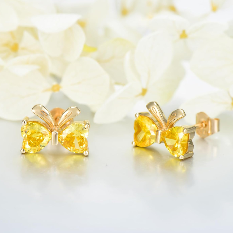 Personalisierte Ohrstecker aus 10-karätigem Weißgold mit Zirkonia, Geburtsstein und Schleife-2