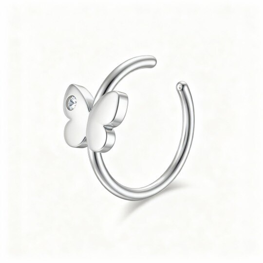 Anillo nasal de mariposa con circonita cúbica y piedra natal personalizada en oro blanco de 10 quilates