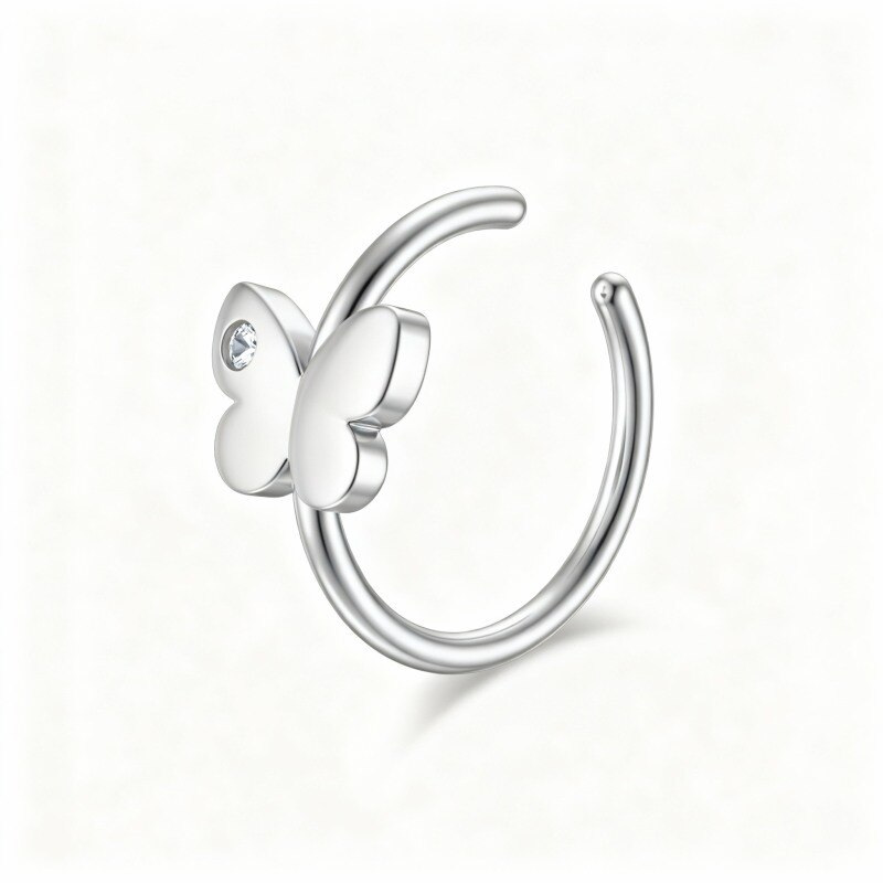 10K White Gold Cubic Zirconia & Personalized Birthstone Butterfly Nose Ring-17