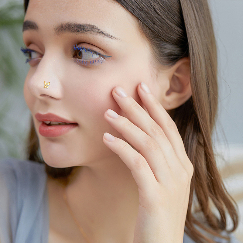 10K Gold Cubic Zirconia & Personalized Birthstone Butterfly Nose Ring-2