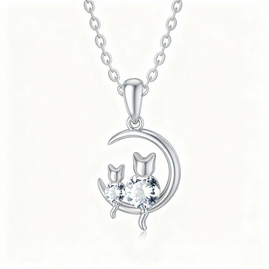 Collar con colgante de gato y luna en oro blanco de 10 quilates con circonitas cúbicas y piedra natal personalizada.