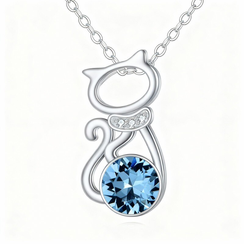 14K White Gold Cubic Zirconia & Personalized Birthstone Cat Pendant Necklace-1