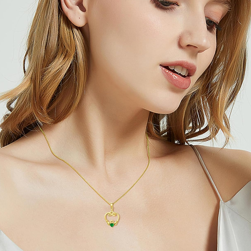 Collier en vermeil doré personnalisé avec pierre de naissance, nœud celtique et cœur Claddagh pour femme-2