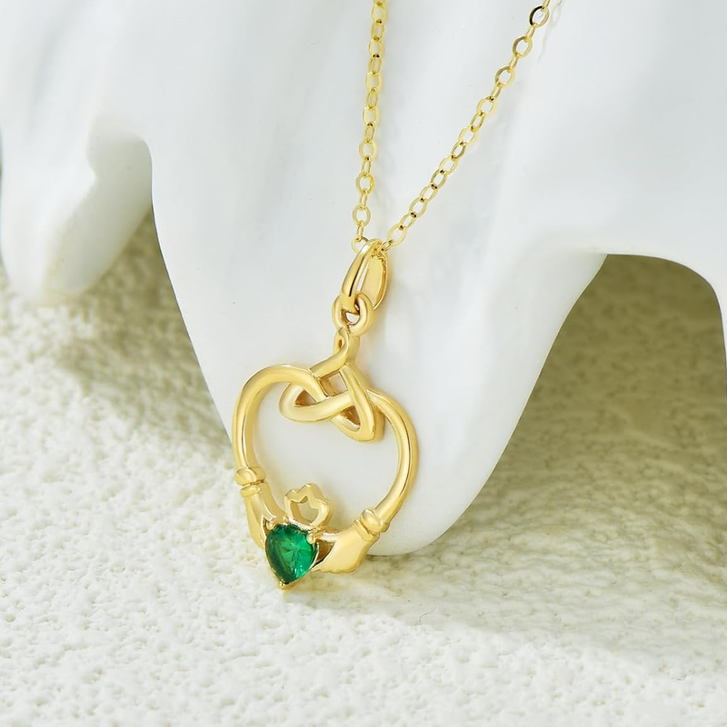 Collier en vermeil doré personnalisé avec pierre de naissance, nœud celtique et cœur Claddagh pour femme-4