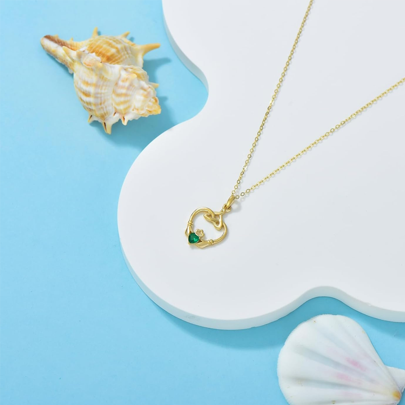 Collier en vermeil doré personnalisé avec pierre de naissance, nœud celtique et cœur Claddagh pour femme-5