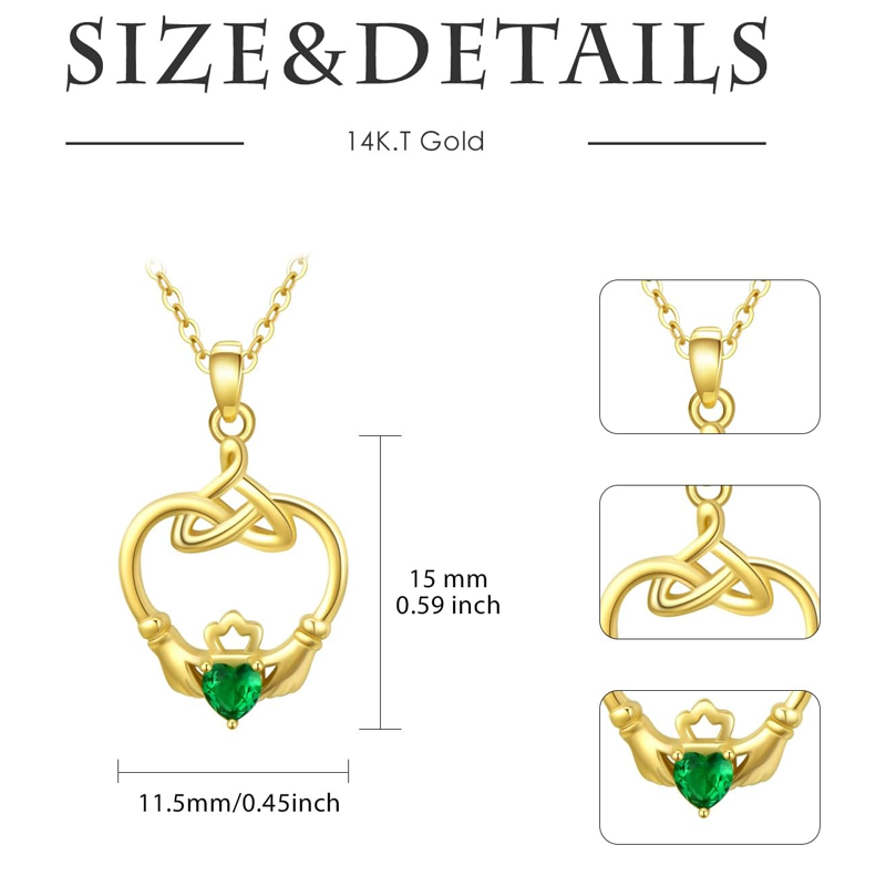 Collier en vermeil doré personnalisé avec pierre de naissance, nœud celtique et cœur Claddagh pour femme-6