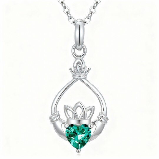 Персонализированное ожерелье с подвеской Claddagh из белого золота 10 карат с кубическим цирконием и камнями рождения