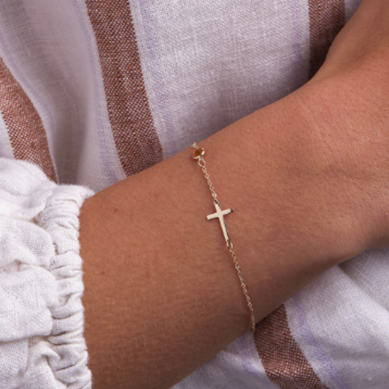 Personalisiertes Geburtsstein- und Kreuzarmband aus 10-karätigem Gold für Damen-2