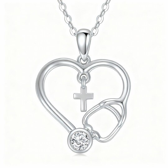 Collar con colgante personalizado de oro blanco de 10 quilates, circonita cúbica, piedra natal, cruz, corazón y estetoscopio