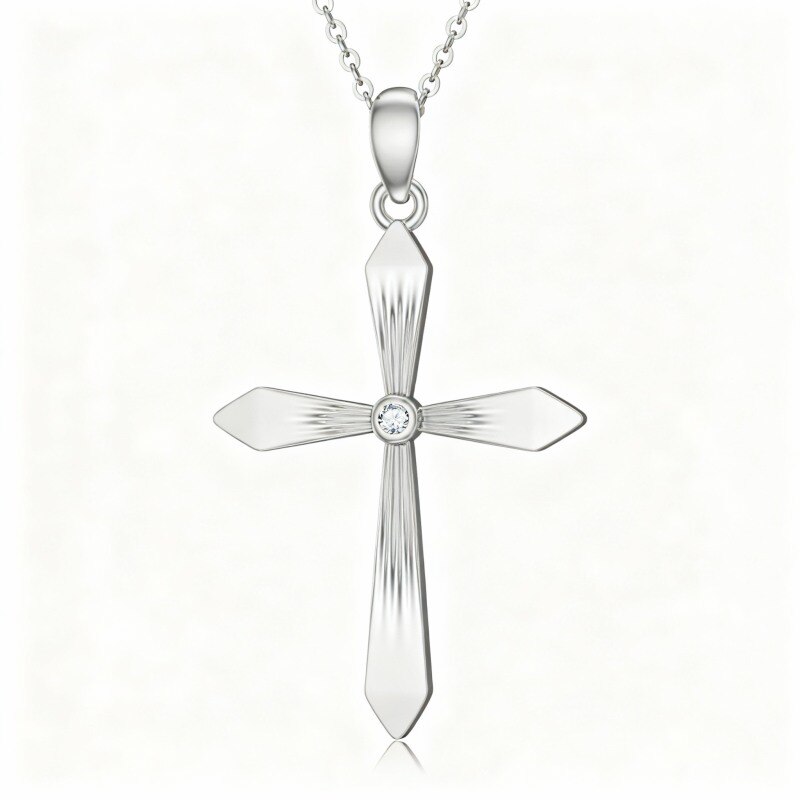Collar con colgante de cruz y piedra natal personalizada en oro blanco de 18 quilates con circonita cúbica-1