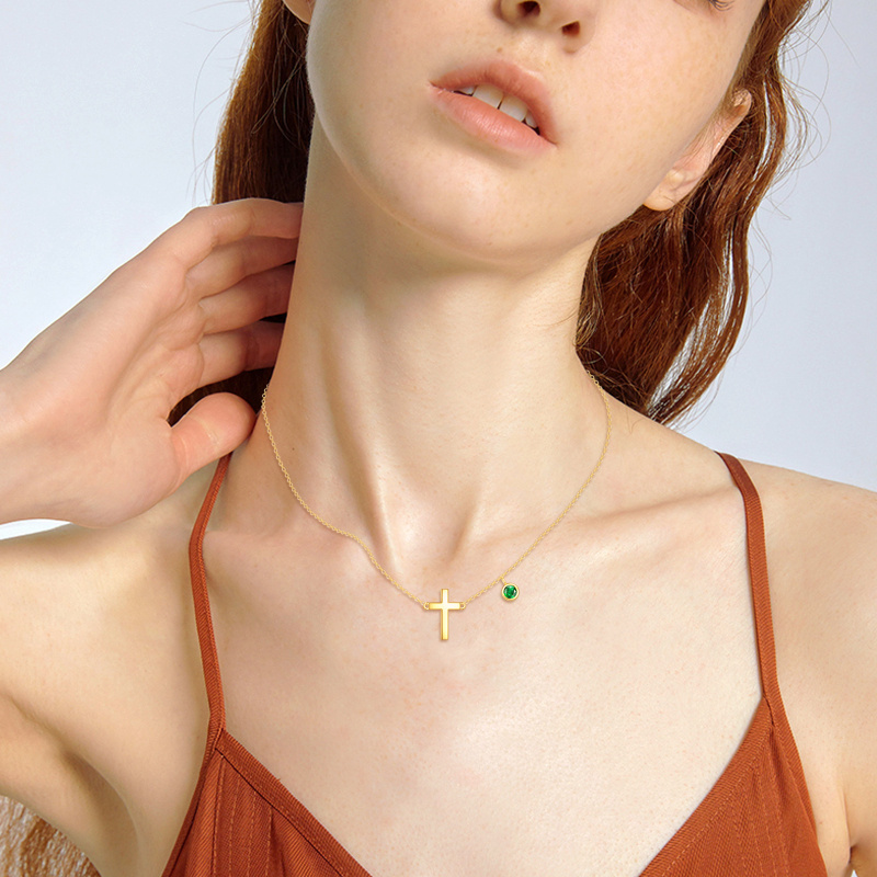 14K Gold Cubic Zirconia Personalized Birthstone & Cross Pendant Necklace-2