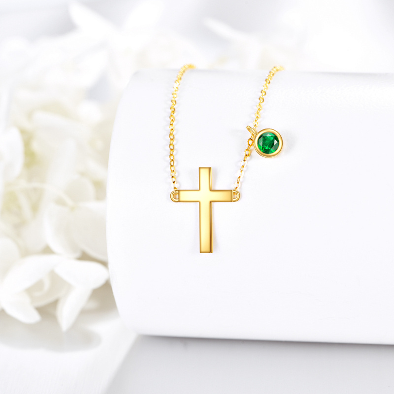 14K Gold Cubic Zirconia Personalized Birthstone & Cross Pendant Necklace-3
