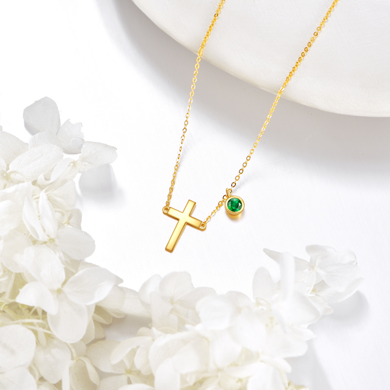 14K Gold Cubic Zirconia Personalized Birthstone & Cross Pendant Necklace-4