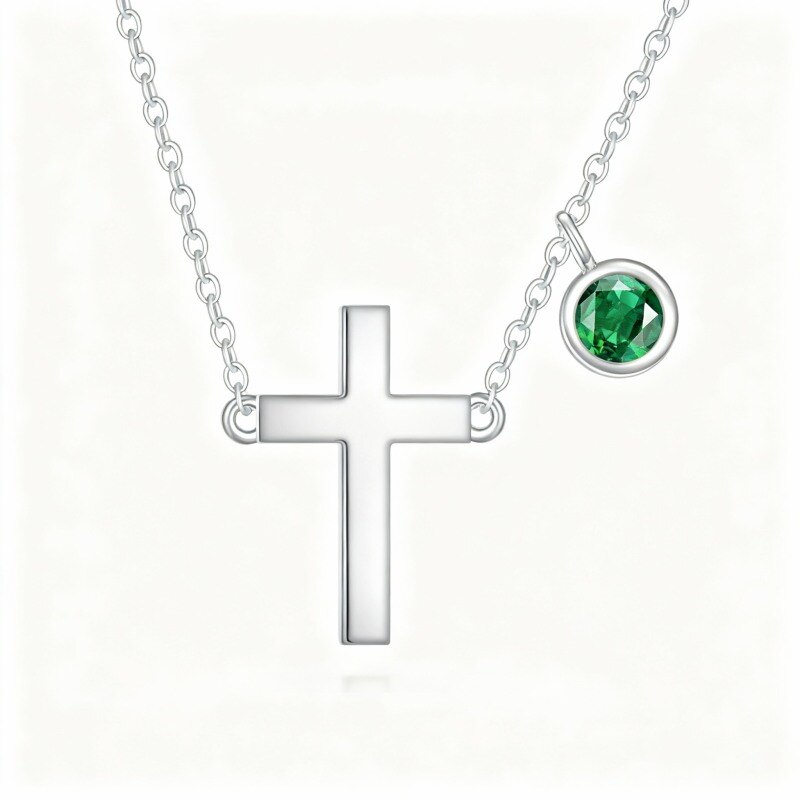 Personalisierte Geburtsstein- und Kreuzanhänger-Halskette aus 10-karätigem Weißgold mit Zirkonia-1
