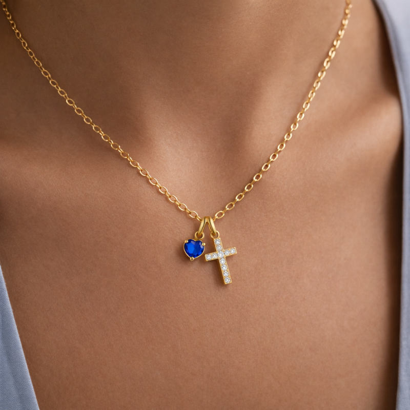 Collar con colgante personalizado de piedra natal y cruz, circonita cúbica y oro blanco de 10 quilates.-2