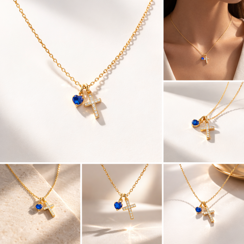 Collar con colgante personalizado de piedra natal y cruz, circonita cúbica y oro blanco de 10 quilates.-3