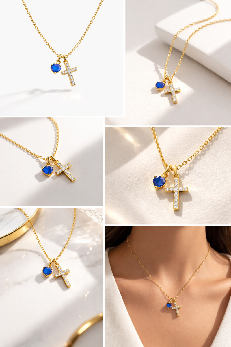 Collar con colgante personalizado de piedra natal y cruz, circonita cúbica y oro blanco de 10 quilates.-4