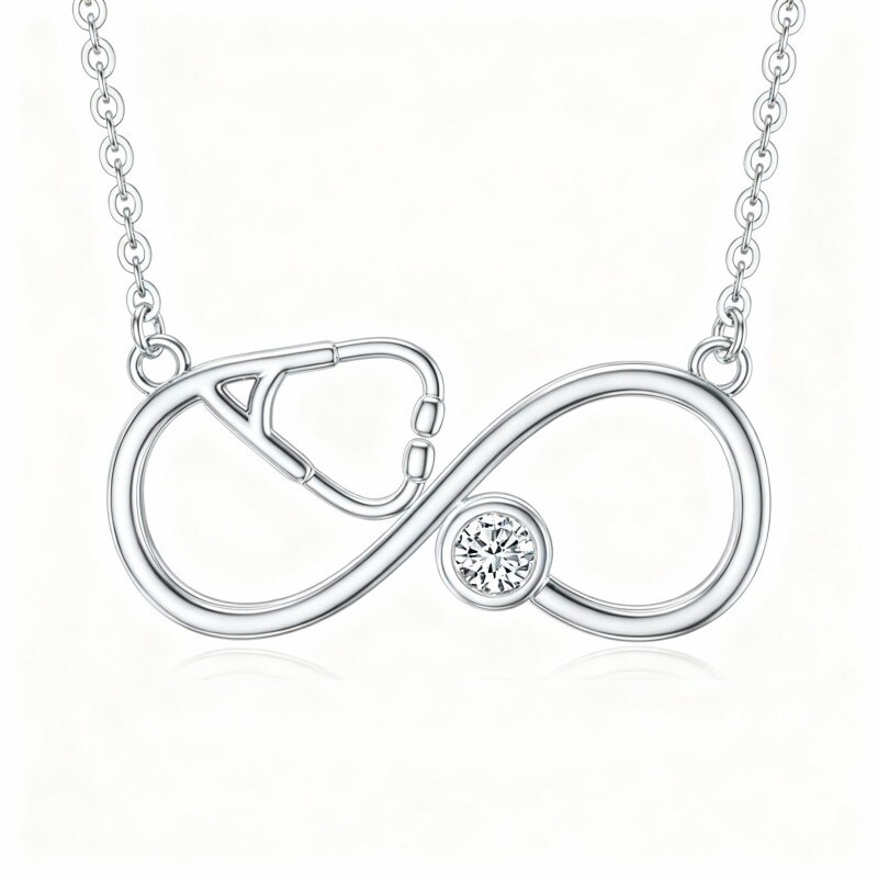 10K White Gold Cubic Zirconia Personalized Birthstone & Electrocardiogram & Infinity Symbol Pendant Necklace-1