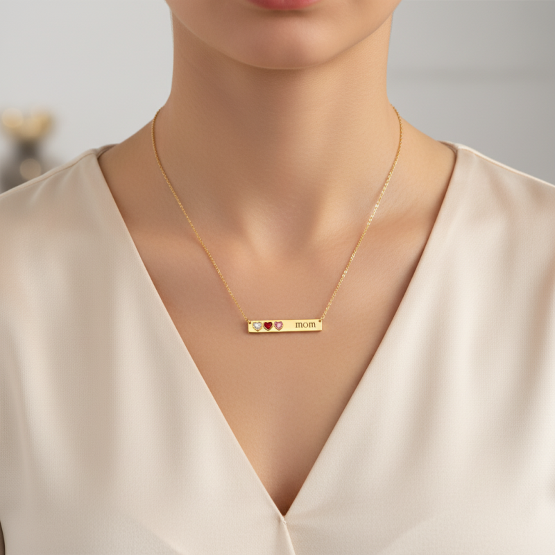 18K Rose Gold Cubic Zirconia Personalized Birthstone & Engravable Bar Necklace-2