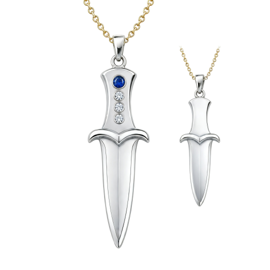 Collar con colgante de espada para hombre, personalizado, con piedra de nacimiento, circonita cúbica y piedra de nacimiento de oro blanco de 10 quilates, grabable, para padre e hija, padre e hijo.