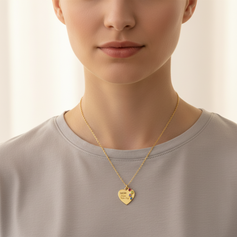 Collar con colgante en forma de corazón, personalizado con piedra de nacimiento y grabado, en oro rosa de 14 quilates, circonita cúbica.-2