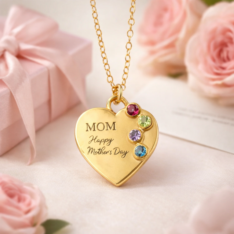 Collar con colgante en forma de corazón, personalizado con piedra de nacimiento y grabado, en oro rosa de 14 quilates, circonita cúbica.-3