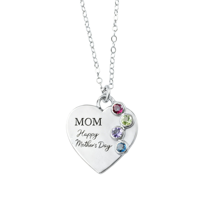 Collar con colgante en forma de corazón, personalizado con piedra natal y grabable, en oro blanco de 10 quilates, circonita cúbica.-1