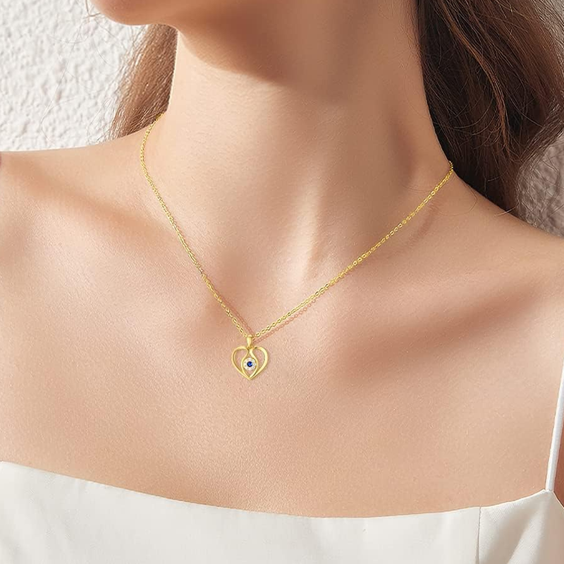10K White Gold Cubic Zirconia Personalized Birthstone & Evil Eye & Heart Pendant Necklace-2