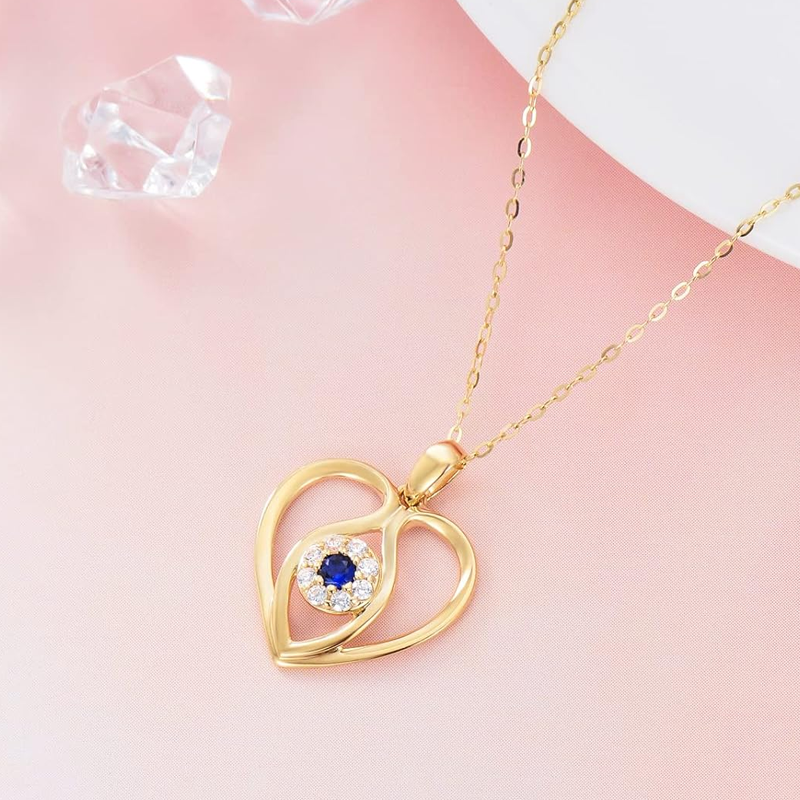 10K White Gold Cubic Zirconia Personalized Birthstone & Evil Eye & Heart Pendant Necklace-3