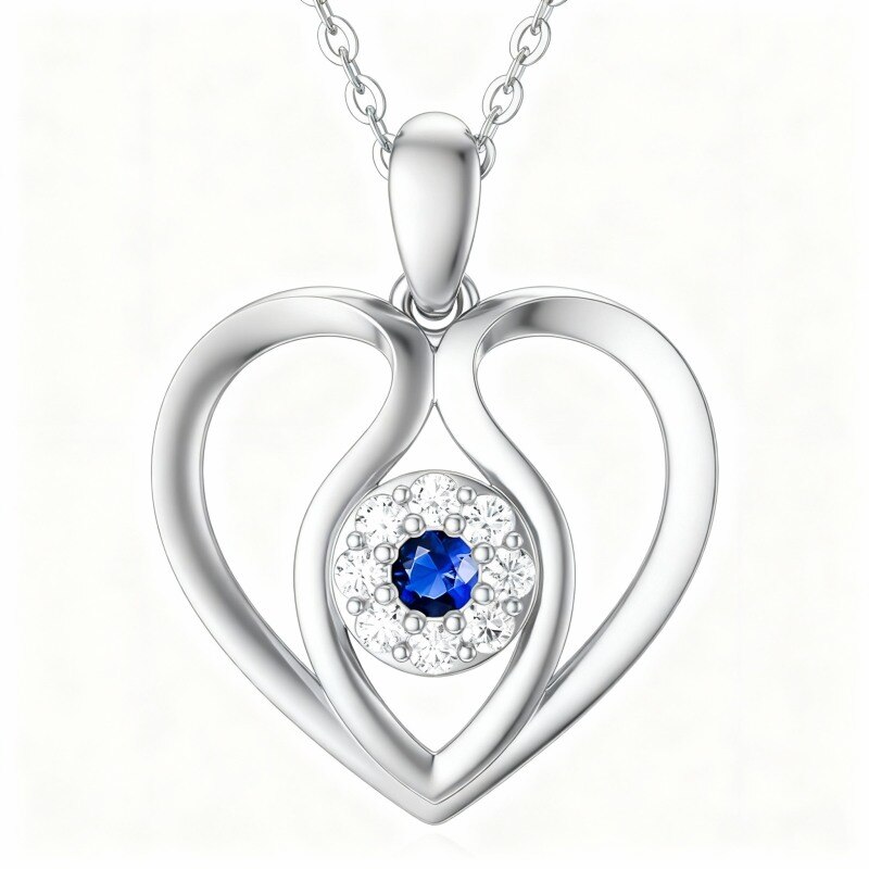10K White Gold Cubic Zirconia Personalized Birthstone & Evil Eye & Heart Pendant Necklace-1