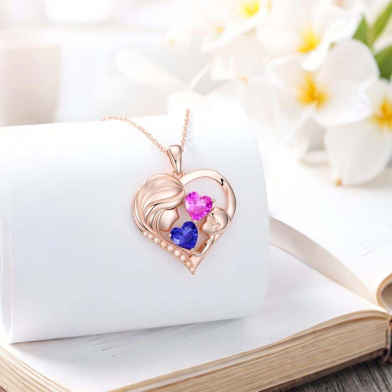 Collar con colgante personalizado de oro rosa de 14 quilates con piedra natal, abuela, madre y corazón-2