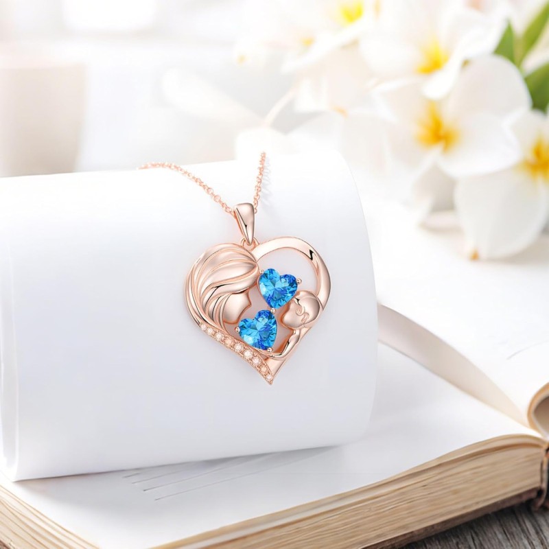 Collar con colgante personalizado de oro rosa de 14 quilates con piedra natal, abuela, madre y corazón-3