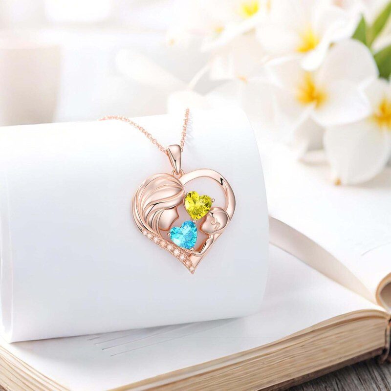 Collar con colgante personalizado de oro rosa de 14 quilates con piedra natal, abuela, madre y corazón-4