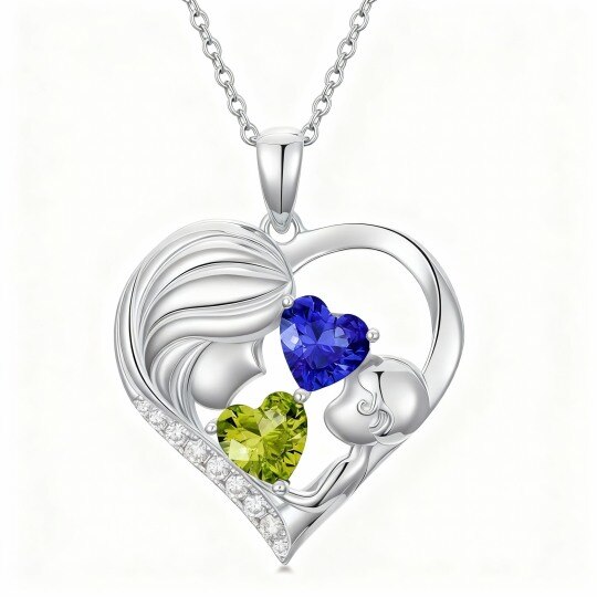 10K White Gold Cubic Zirconia Personalized Birthstone & Grandmother & Mother & Heart Pendant Necklace