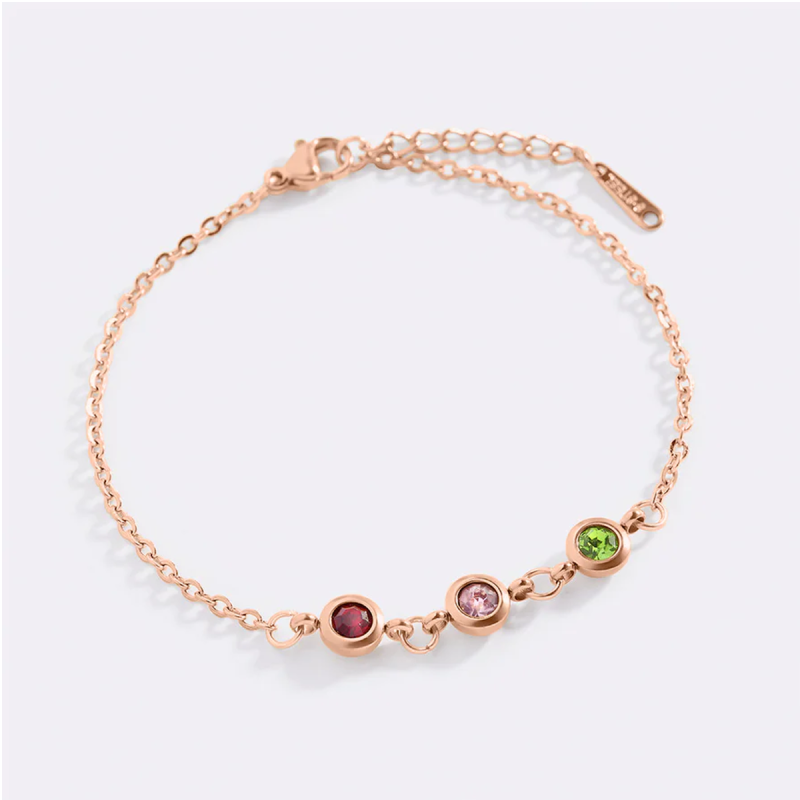 Pulsera de plata de ley con baño de oro rosa, personalizada con piedra natal y dijes para abuela, madre y hermanas.-3
