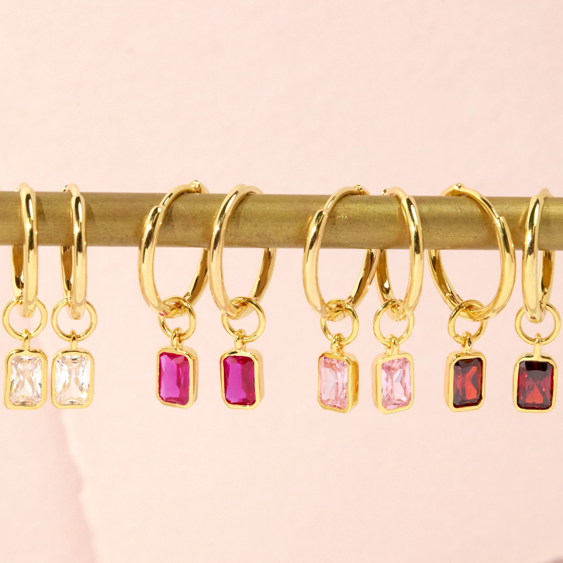 Boucles d'oreilles pendantes carrées en platine plaqué or blanc avec zircon cubique, pierre de naissance personnalisée, pour grand-mère, mère et sœurs.-4