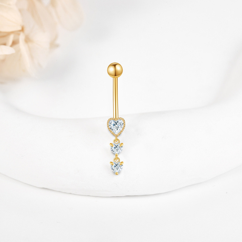 14K White Gold Cubic Zirconia Personalized Birthstone & Heart Belly Button Ring-3