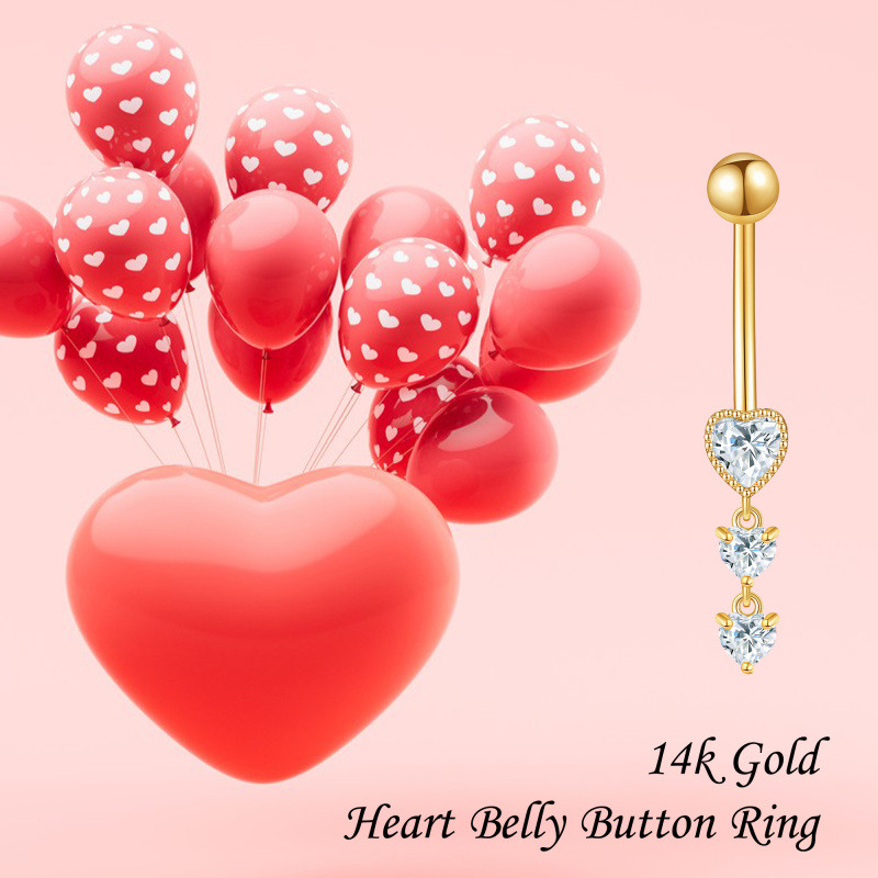 14K White Gold Cubic Zirconia Personalized Birthstone & Heart Belly Button Ring-6