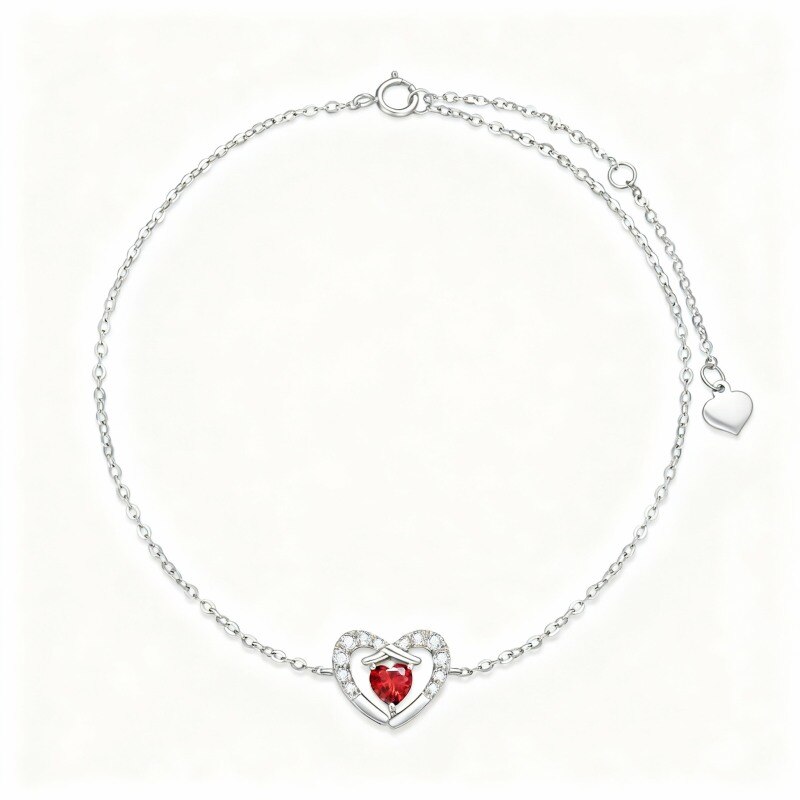 Pulsera personalizada de oro blanco de 14 quilates con circonita cúbica, piedra natal y dije de corazón.-1