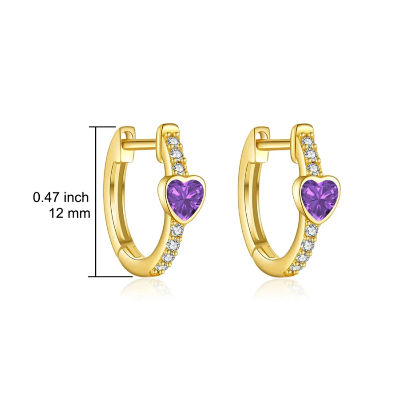Pendientes de aro personalizados con piedra natal y corazón, de oro blanco de 10 quilates con circonitas cúbicas.-2