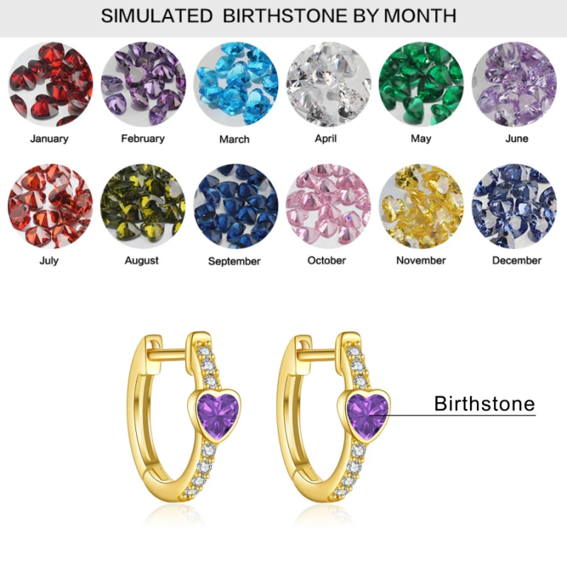 Pendientes de aro personalizados con piedra natal y corazón, de oro blanco de 10 quilates con circonitas cúbicas.-3