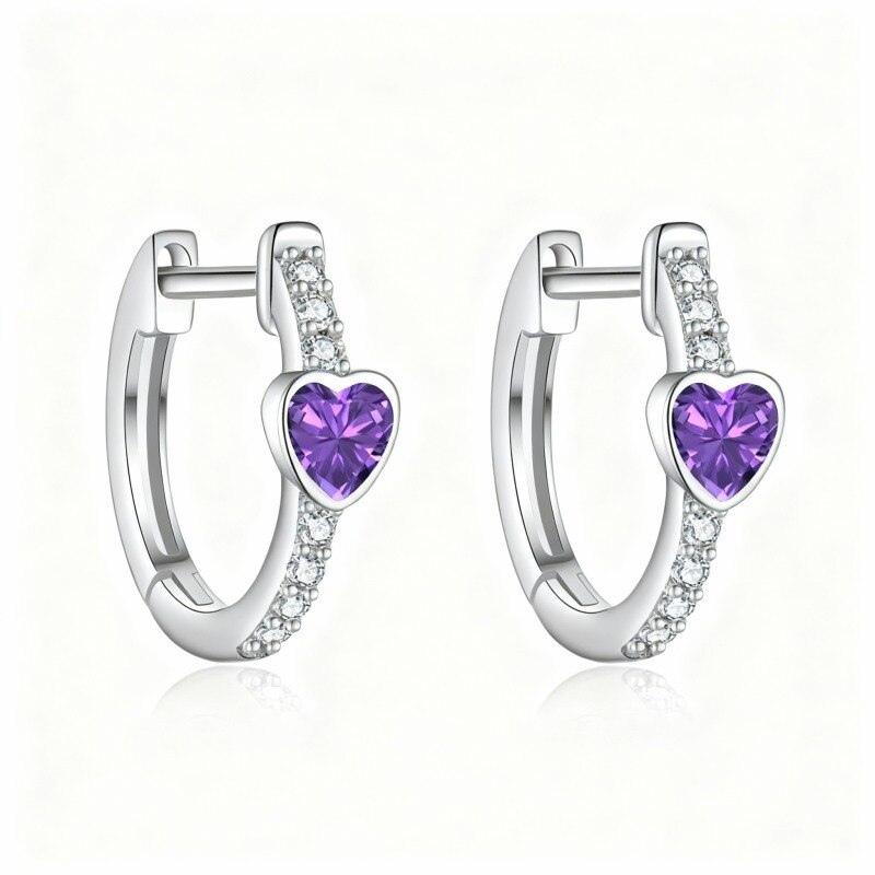 Pendientes de aro personalizados con piedra natal y corazón, de oro blanco de 10 quilates con circonitas cúbicas.-1