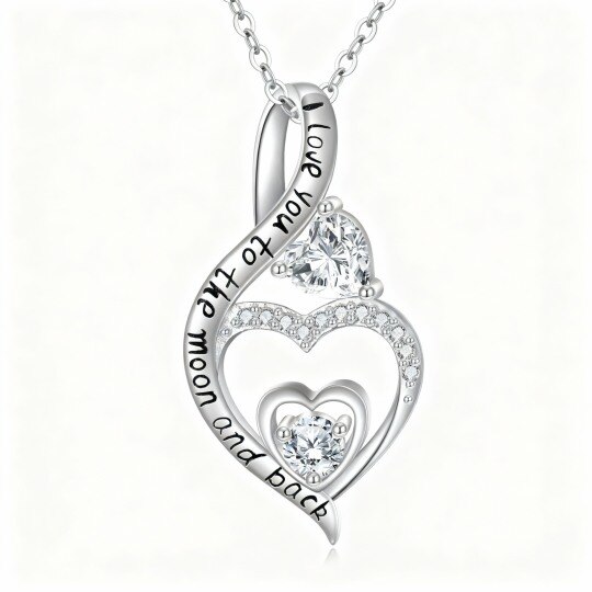 Collier pendentif en or blanc 10 carats avec zircon cubique, pierre de naissance personnalisée, cœur et symbole de l'infini, et inscription gravée.