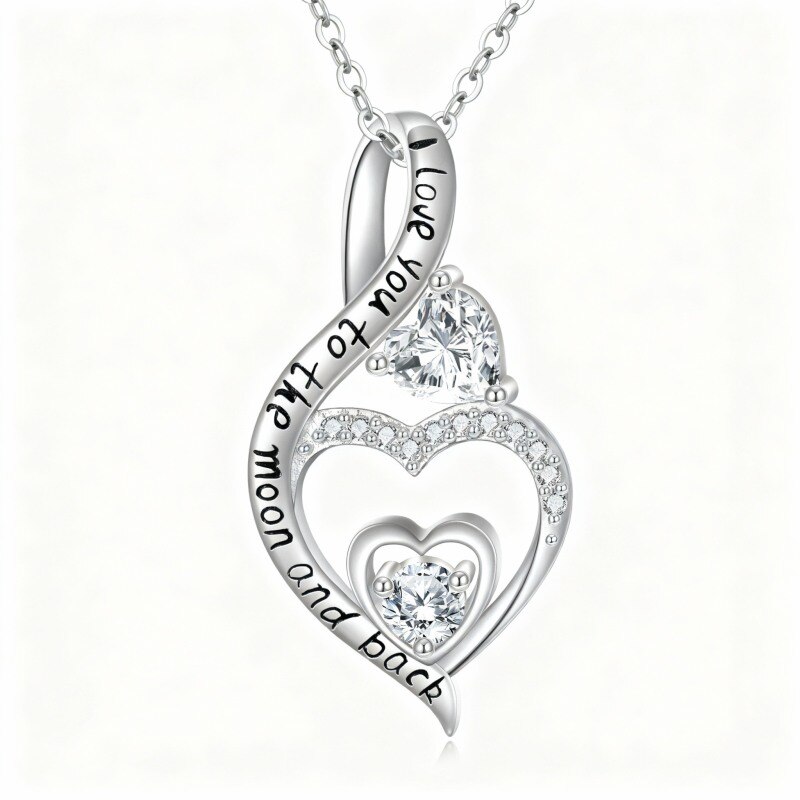 Collar con colgante personalizado de oro blanco de 10 quilates, circonita cúbica, piedra natal, corazón y símbolo de infinito con palabra grabada-1