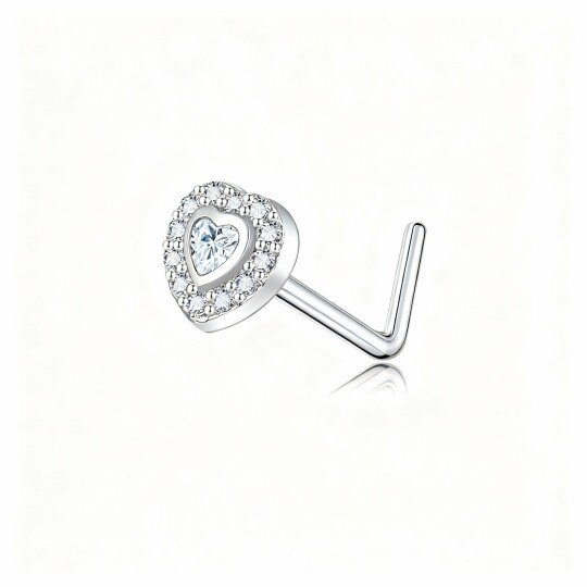 Anillo nasal personalizado con piedra natal y corazón, de oro blanco de 10 quilates con circonita cúbica y circonita cúbica.