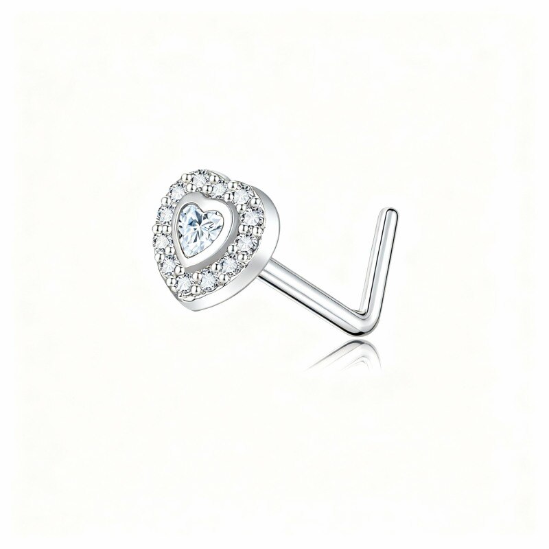 10K White Gold Cubic Zirconia Personalized Birthstone & Heart Nose Ring-17