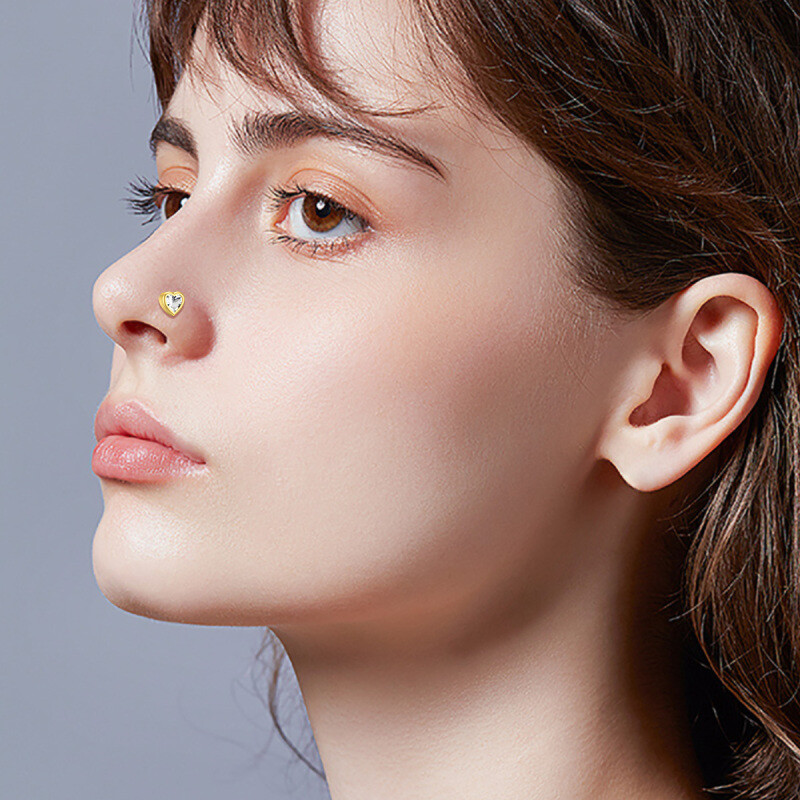 Piercing de nariz personalizado em ouro rosa 10K com zircónia cúbica, pedra de nascimento e coração-2