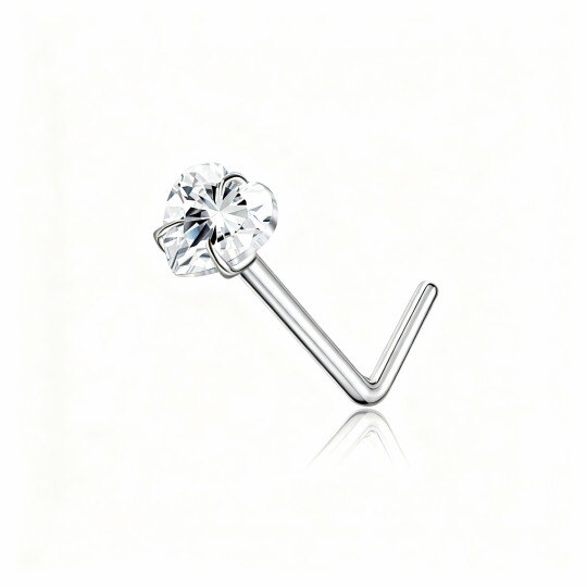 Anillo nasal personalizado con piedra natal y corazón, de oro blanco de 10 quilates con circonita cúbica y circonita cúbica.