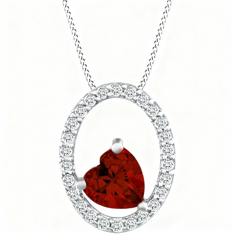 10K White Gold Cubic Zirconia Personalized Birthstone & Heart & Oval Shaped Pendant Necklace-1
